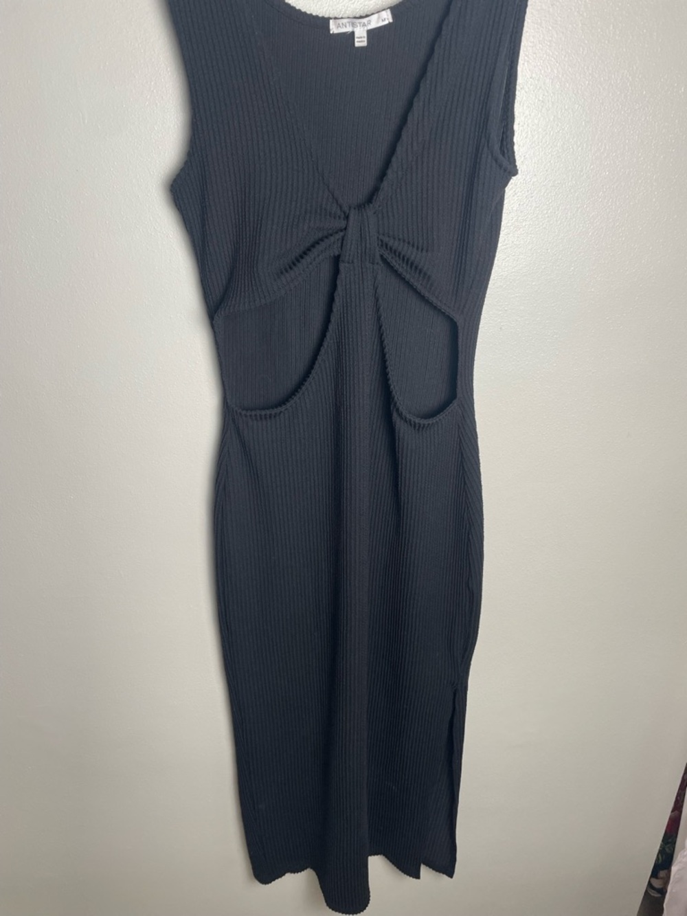 Antistar Black Ribbed Knot Cutout Midi Bodycon Dress